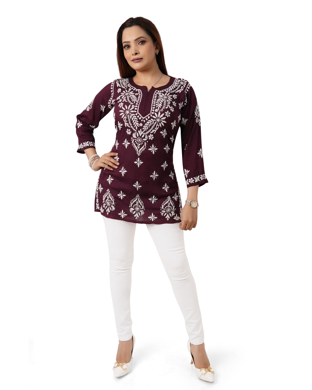 Maroon Short Chikankari Kurti