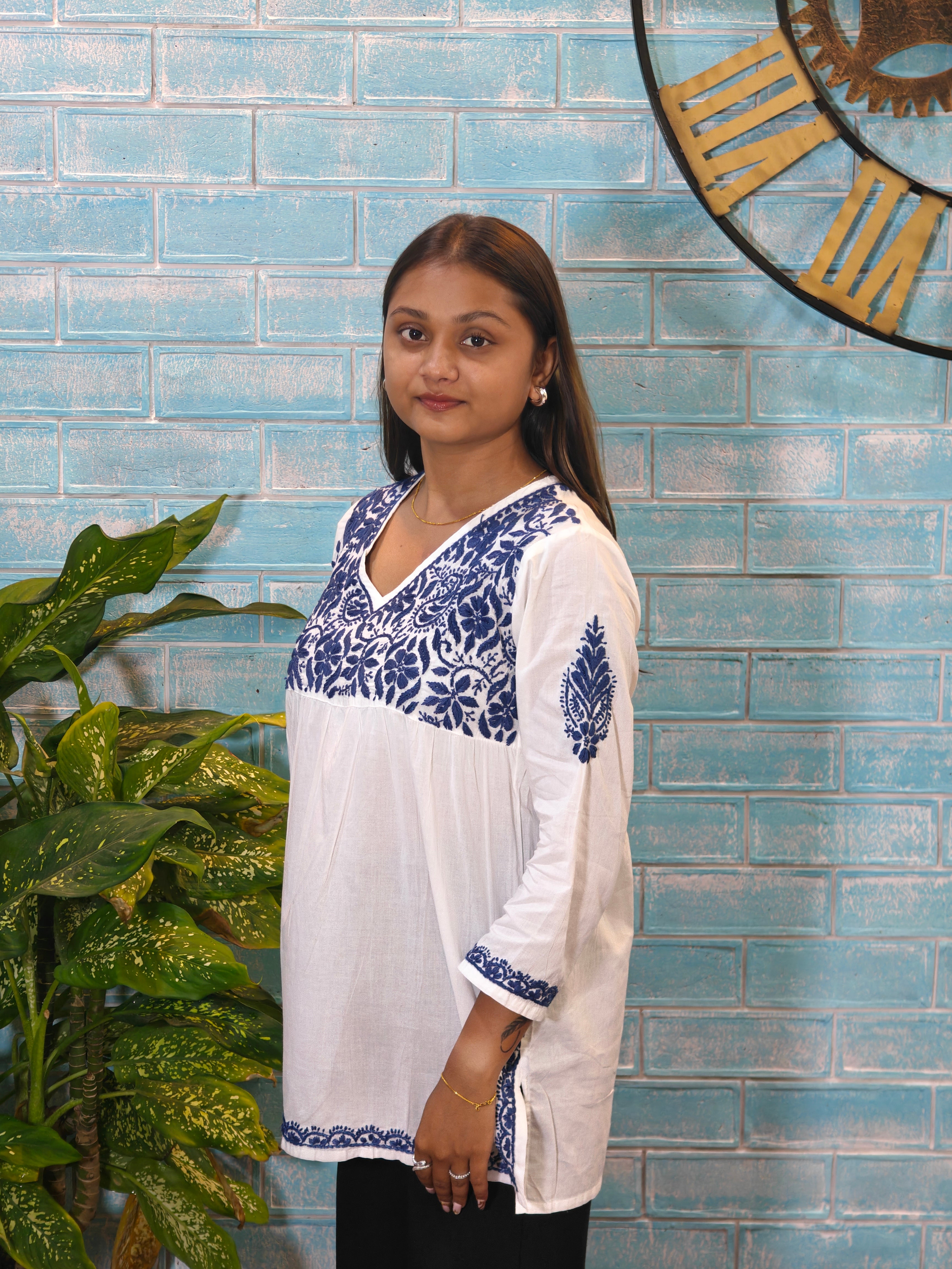 White w/Blue Embroidery Short Top
