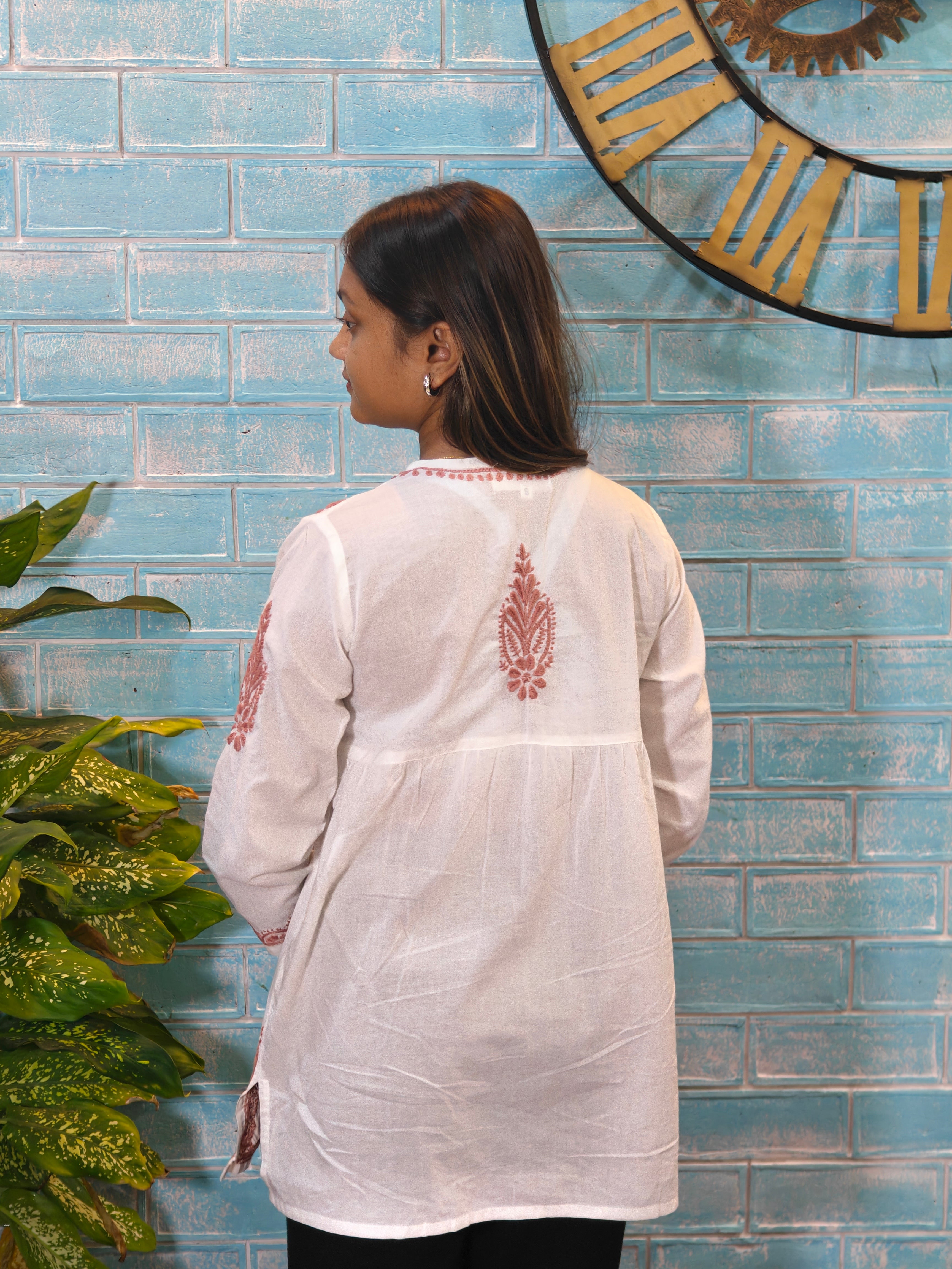 White w/Beige Embroidery Short Top