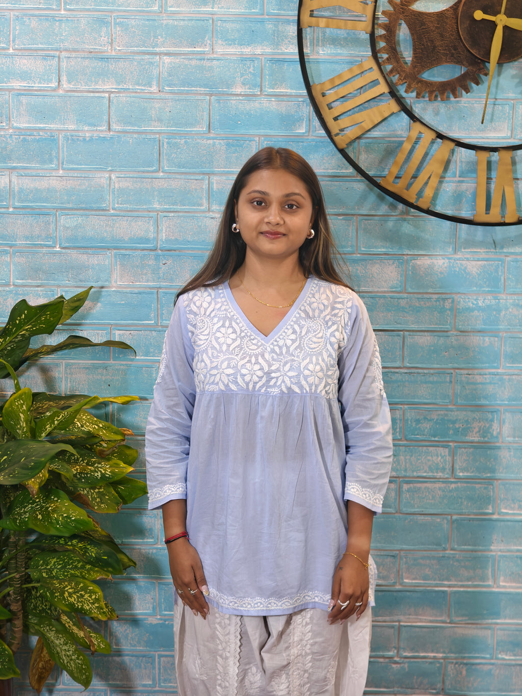 Blue w/white Embroidery Short Top
