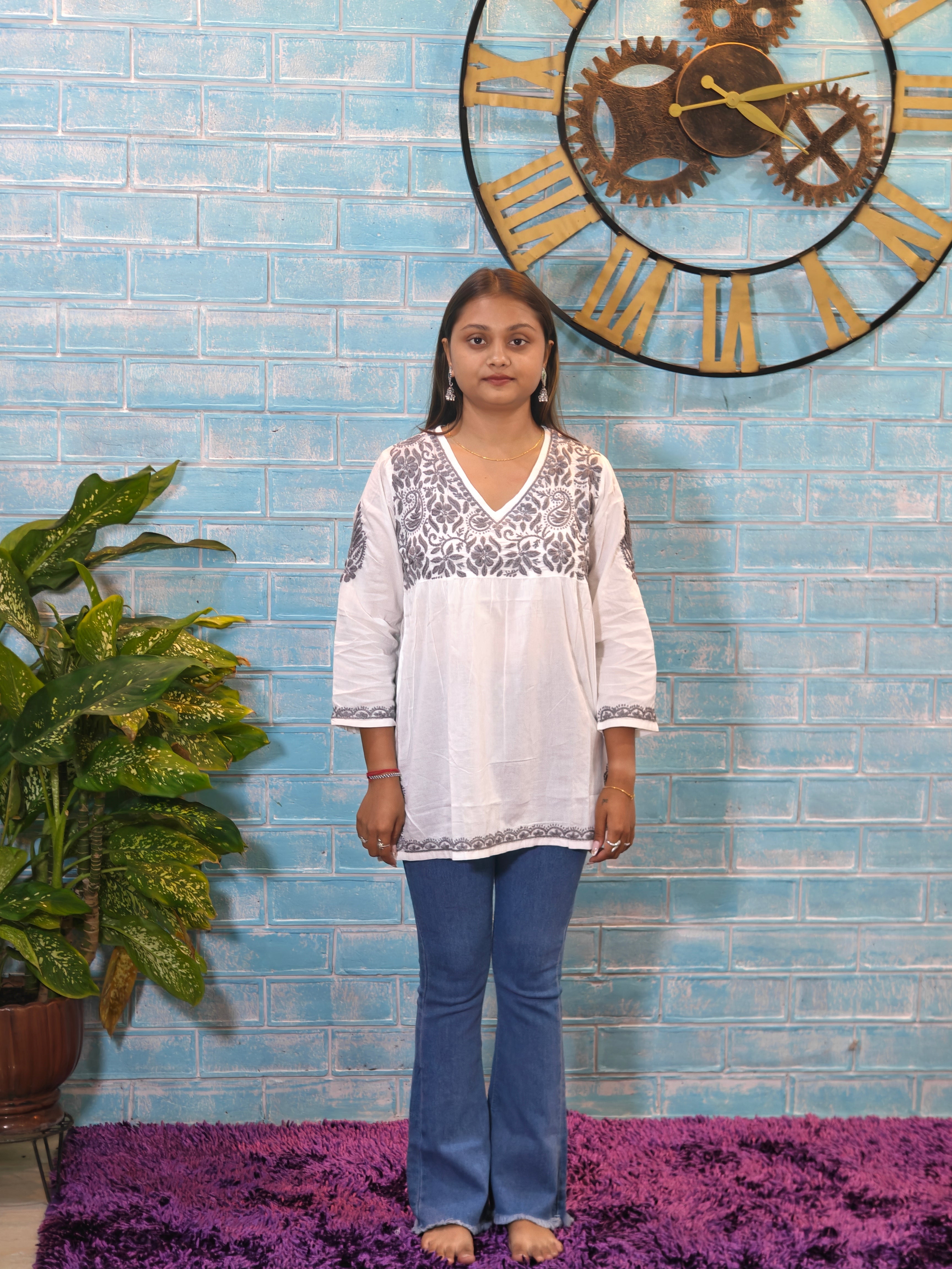 White w/Grey Embroidery Short Top