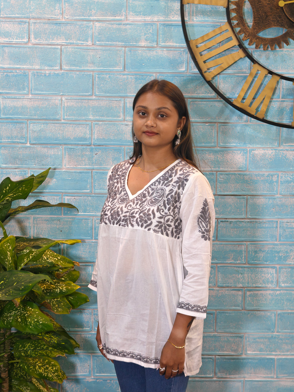 White w/Grey Embroidery Short Top