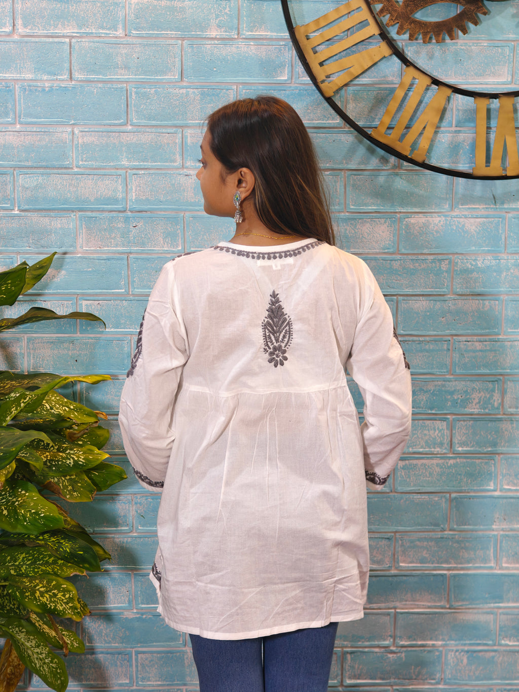 White w/Grey Embroidery Short Top