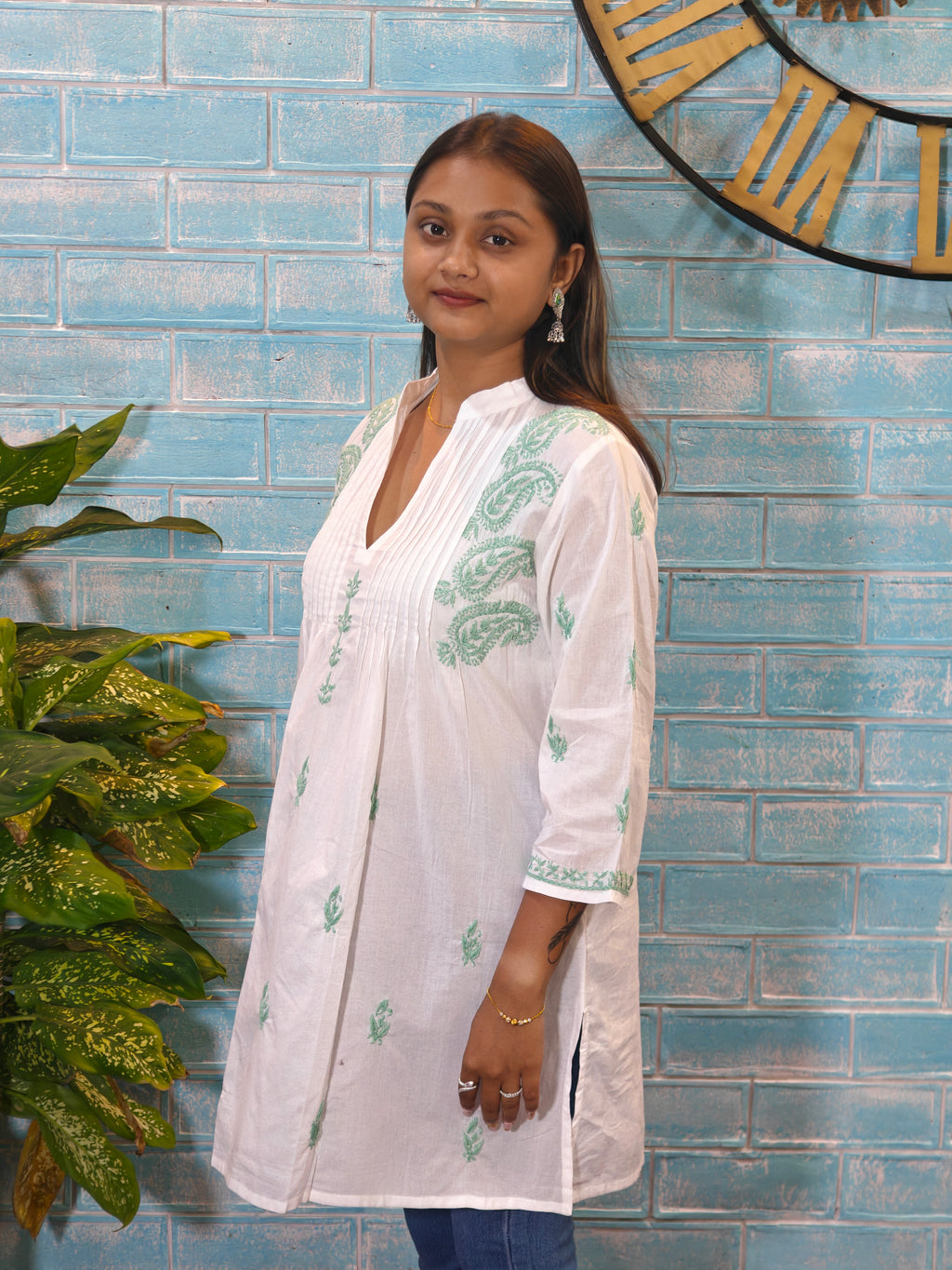 White w/ Green Half Sleeve Kurti