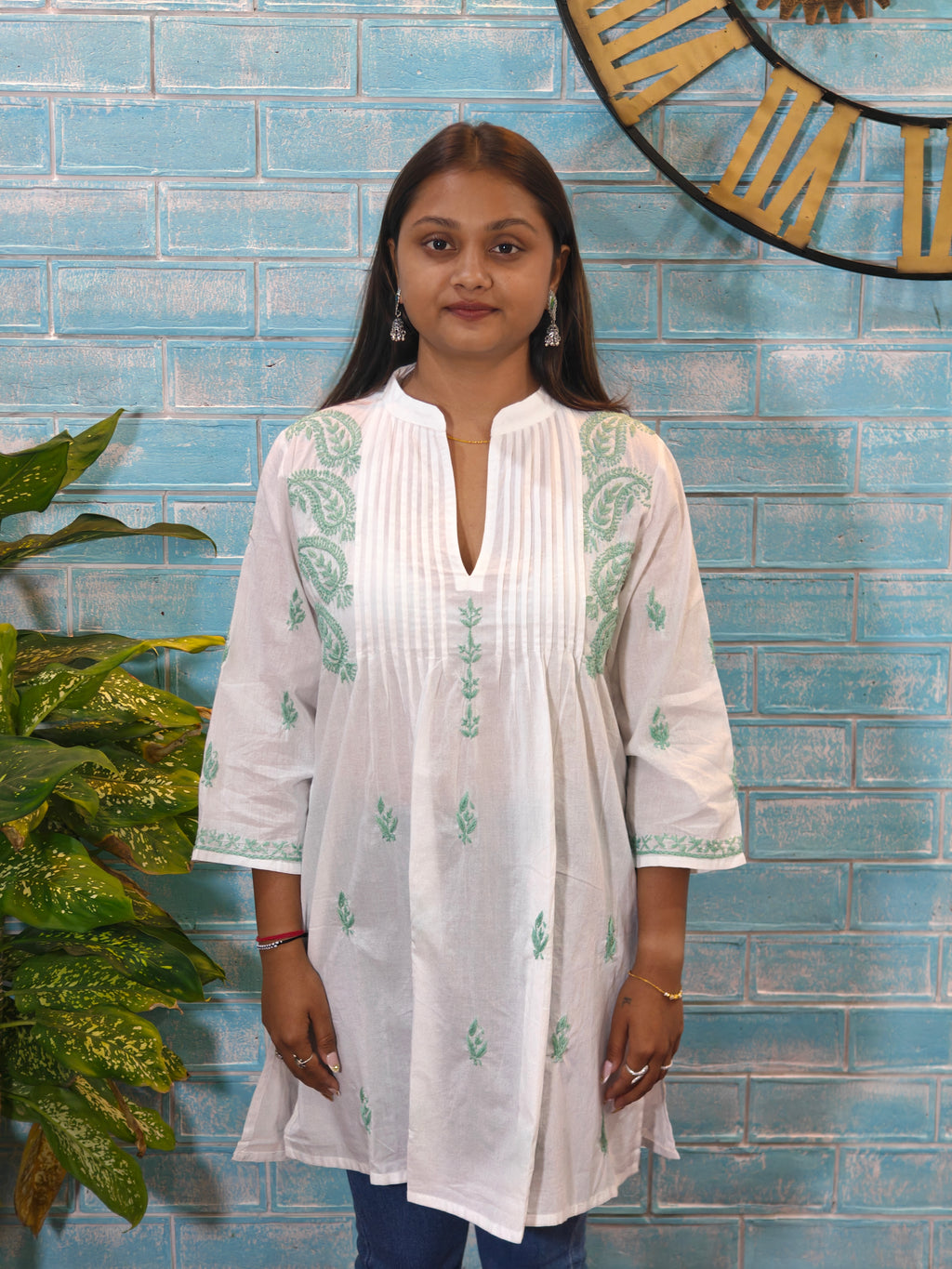 White w/ Green Half Sleeve Kurti