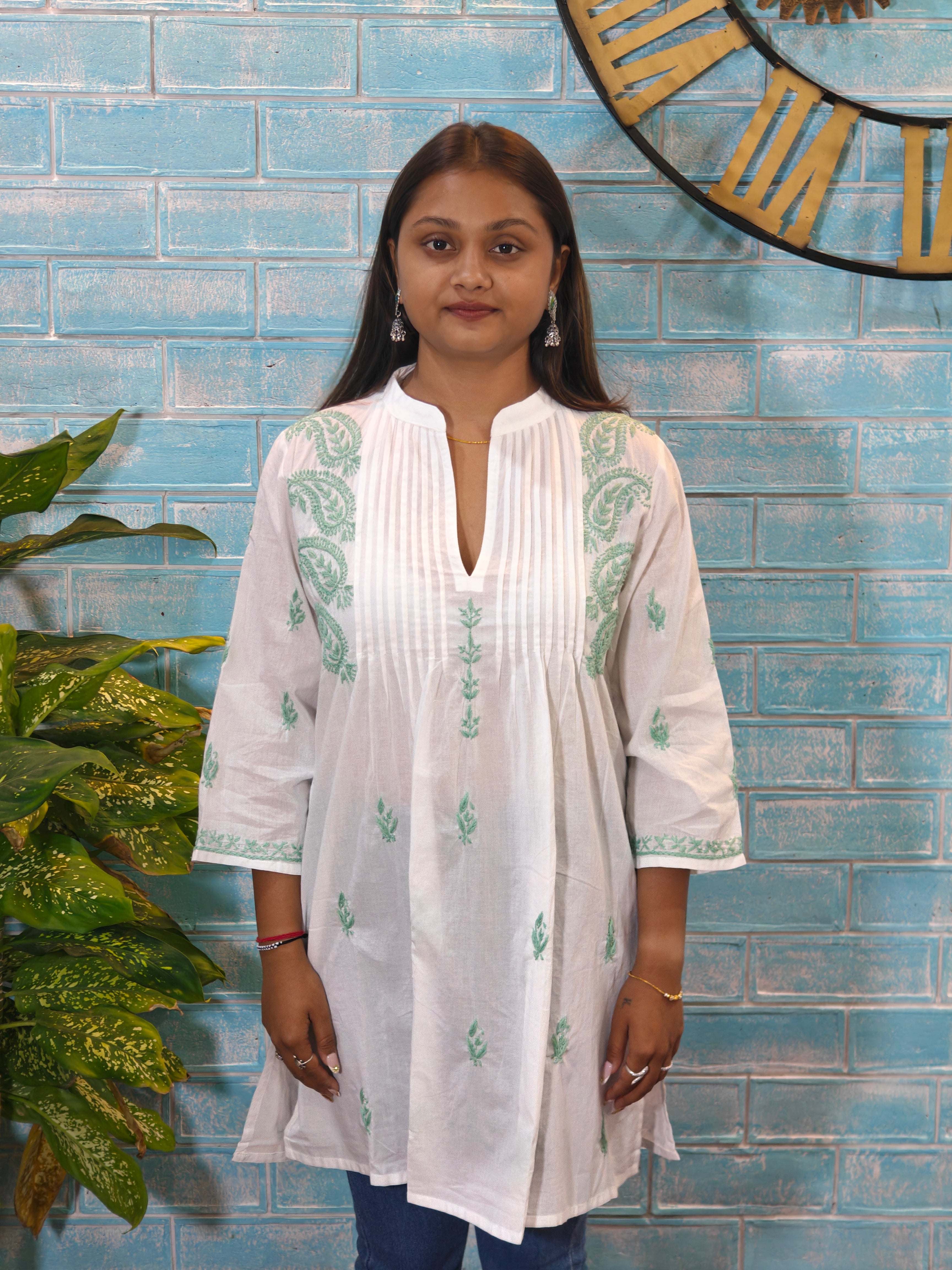 White w/ Green Half Sleeve Kurti