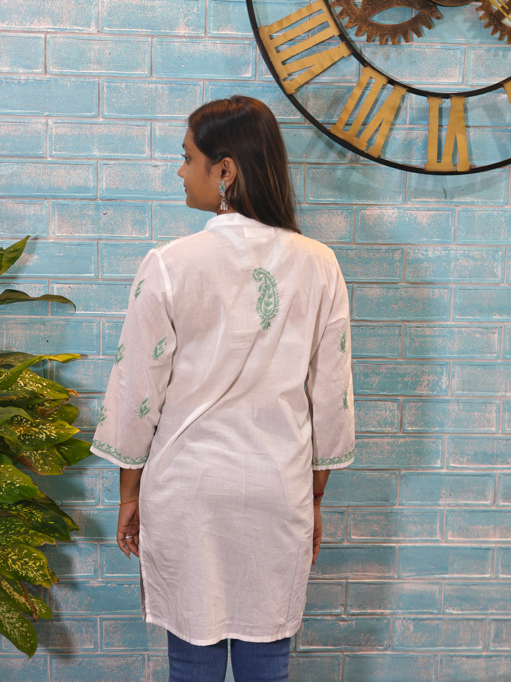 White w/ Green Half Sleeve Kurti