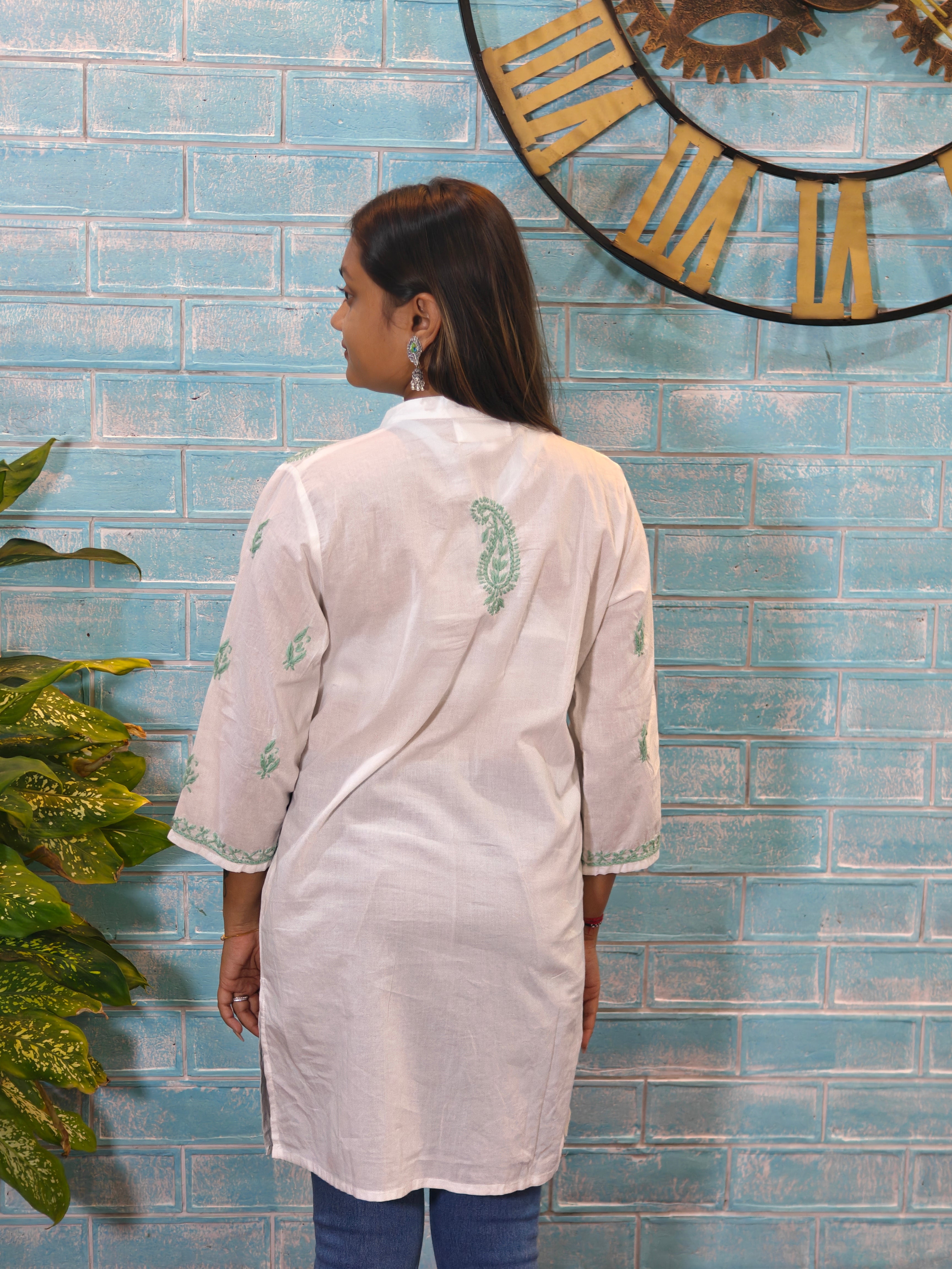 White w/ Green Half Sleeve Kurti