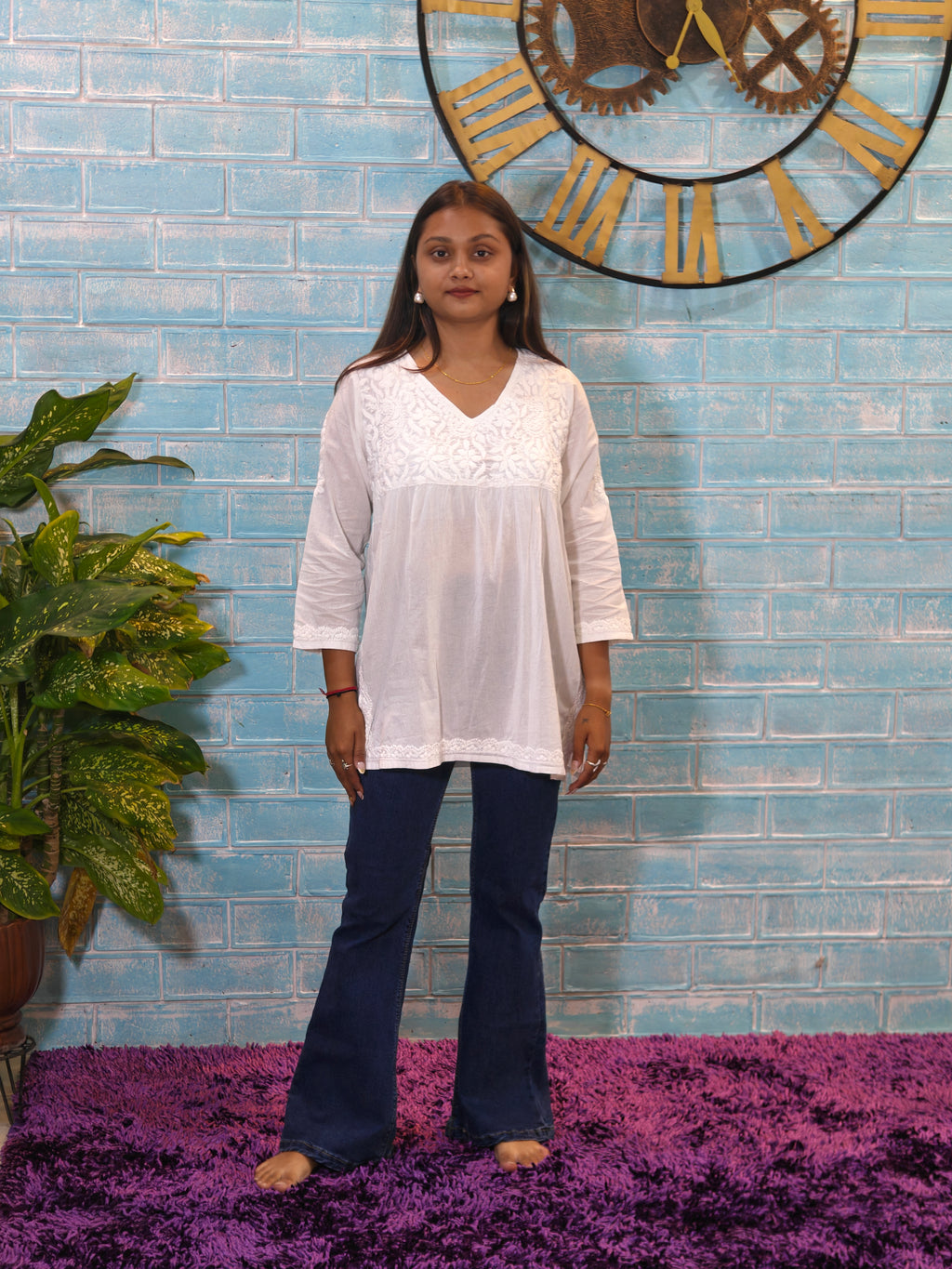 White w/white Embroidery Short Top