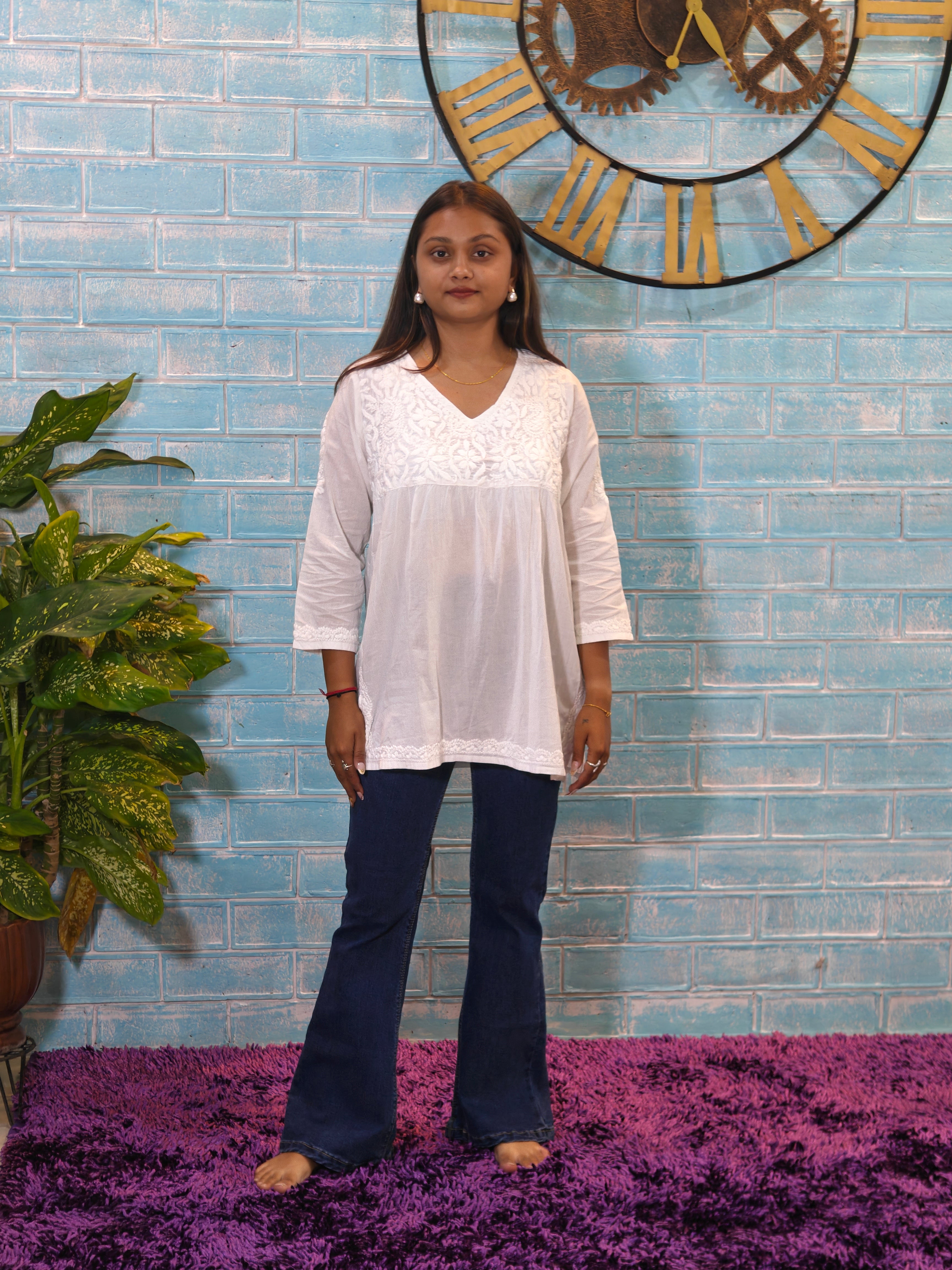 White w/white Embroidery Short Top