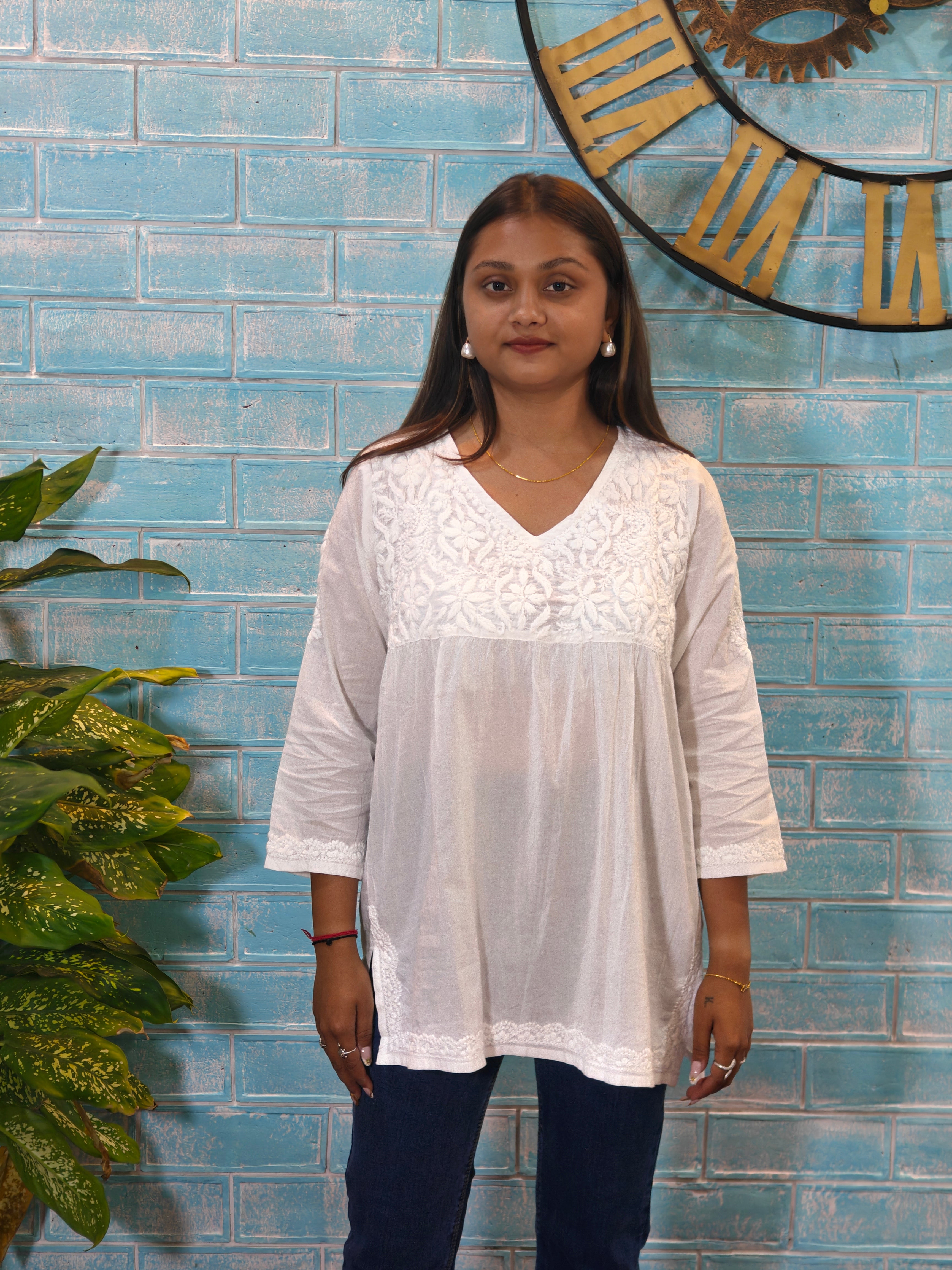 White w/white Embroidery Short Top