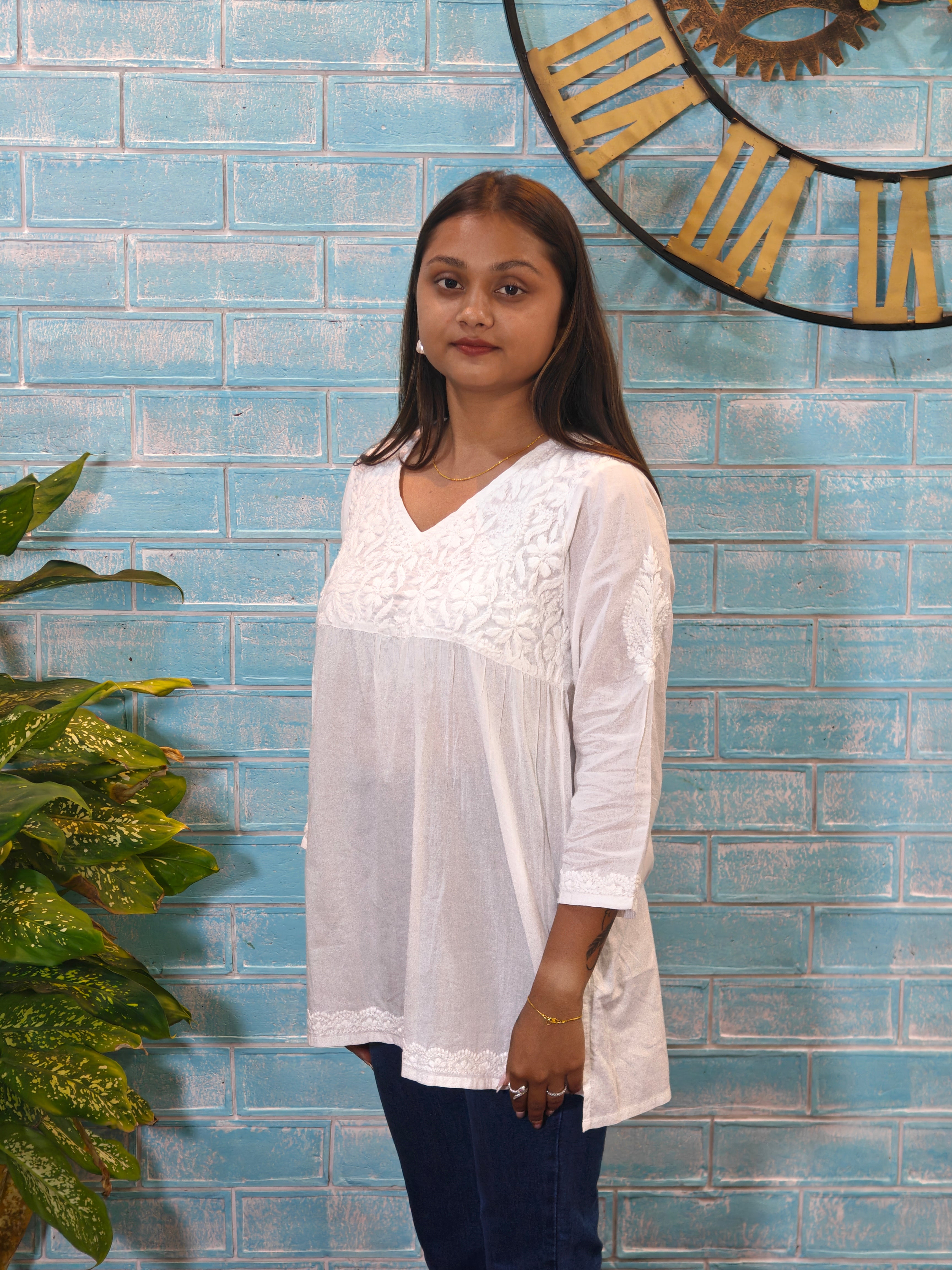 White w/white Embroidery Short Top