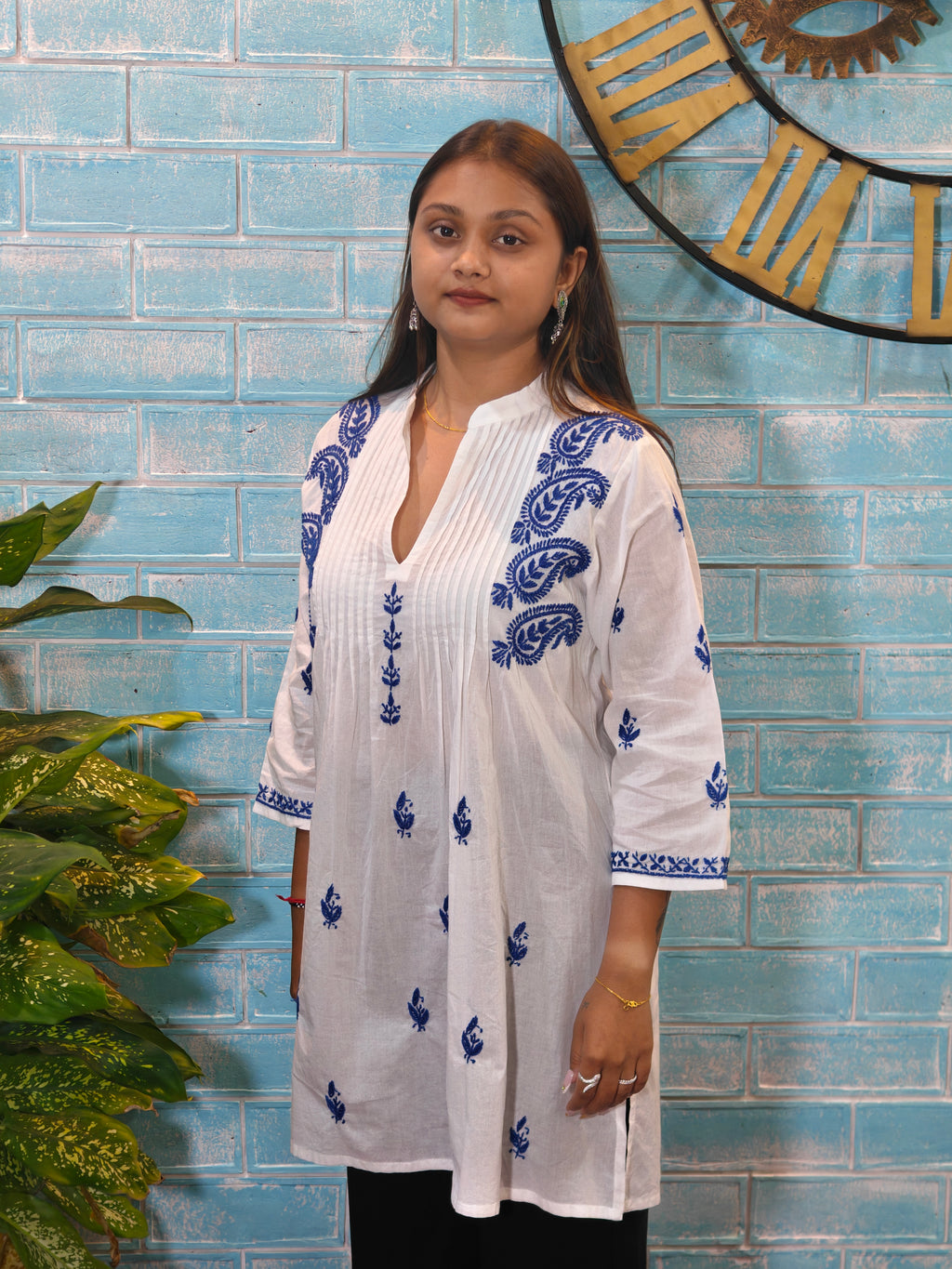 White w/ Blue Half Sleeve Kurti
