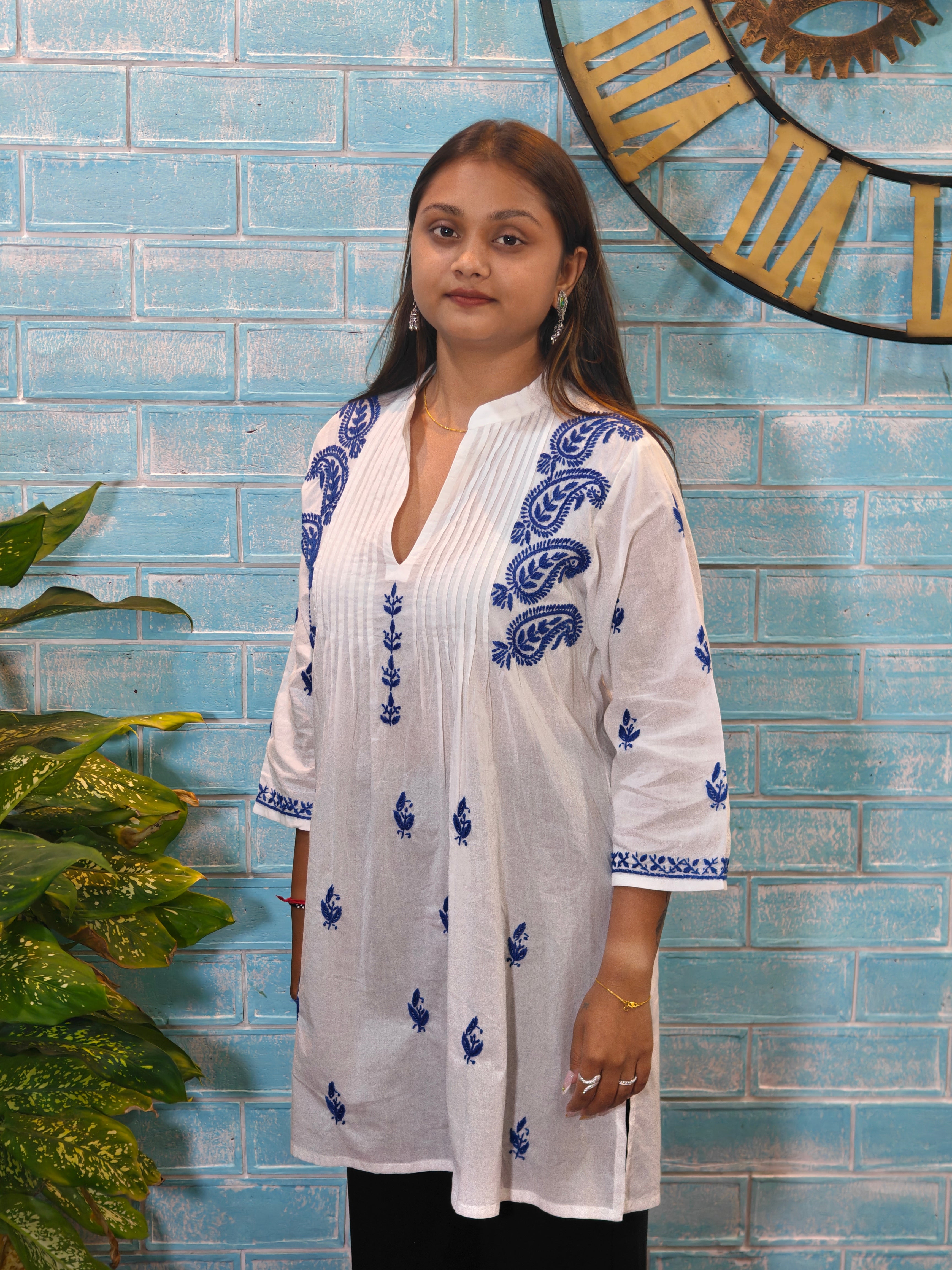 White w/ Blue Half Sleeve Kurti
