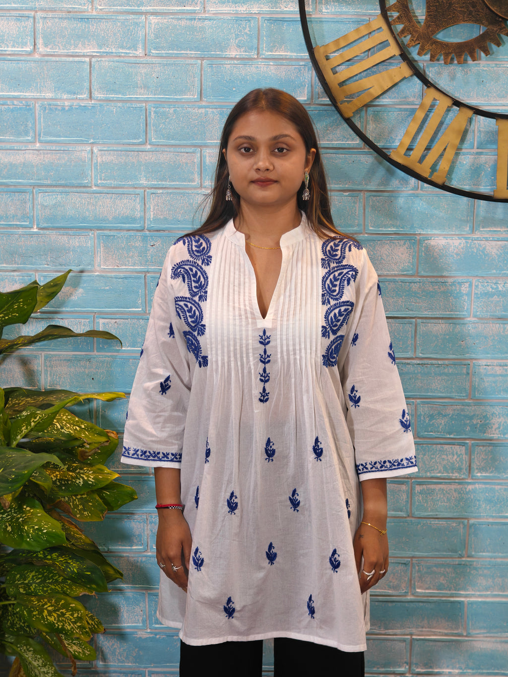 White w/ Blue Half Sleeve Kurti