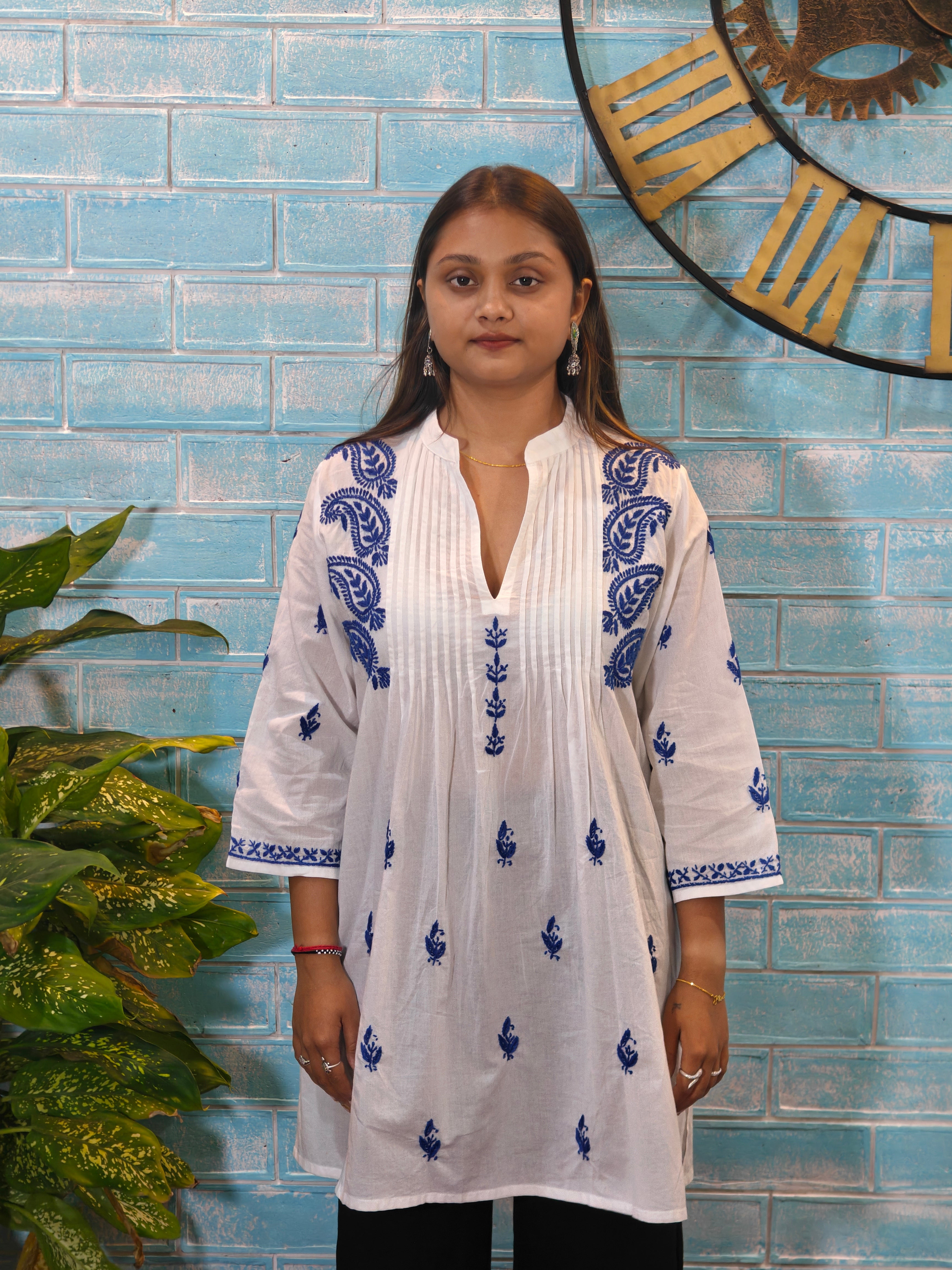 White w/ Blue Half Sleeve Kurti
