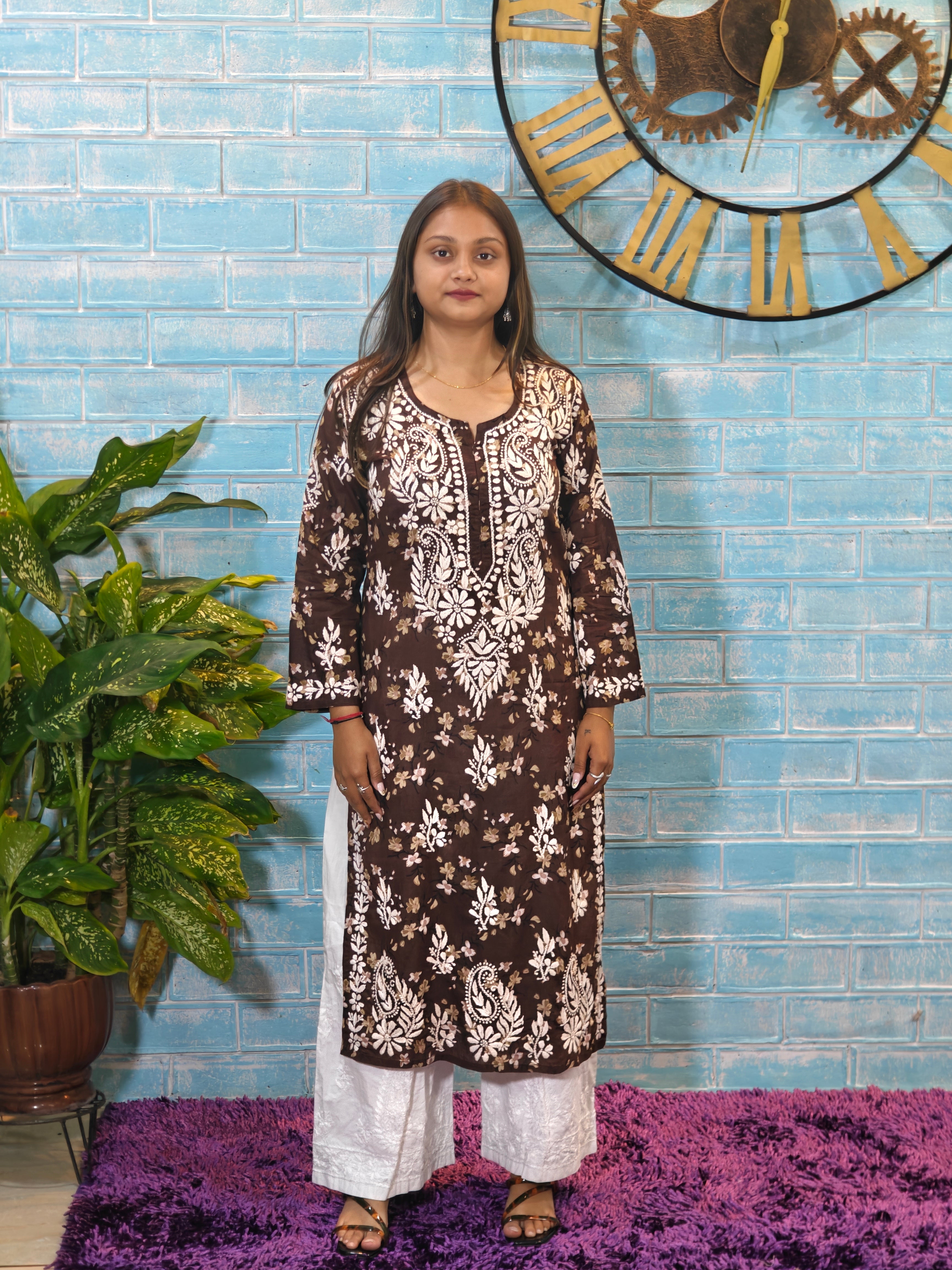 Brown Multicolor Kurti w/ White Chikankari