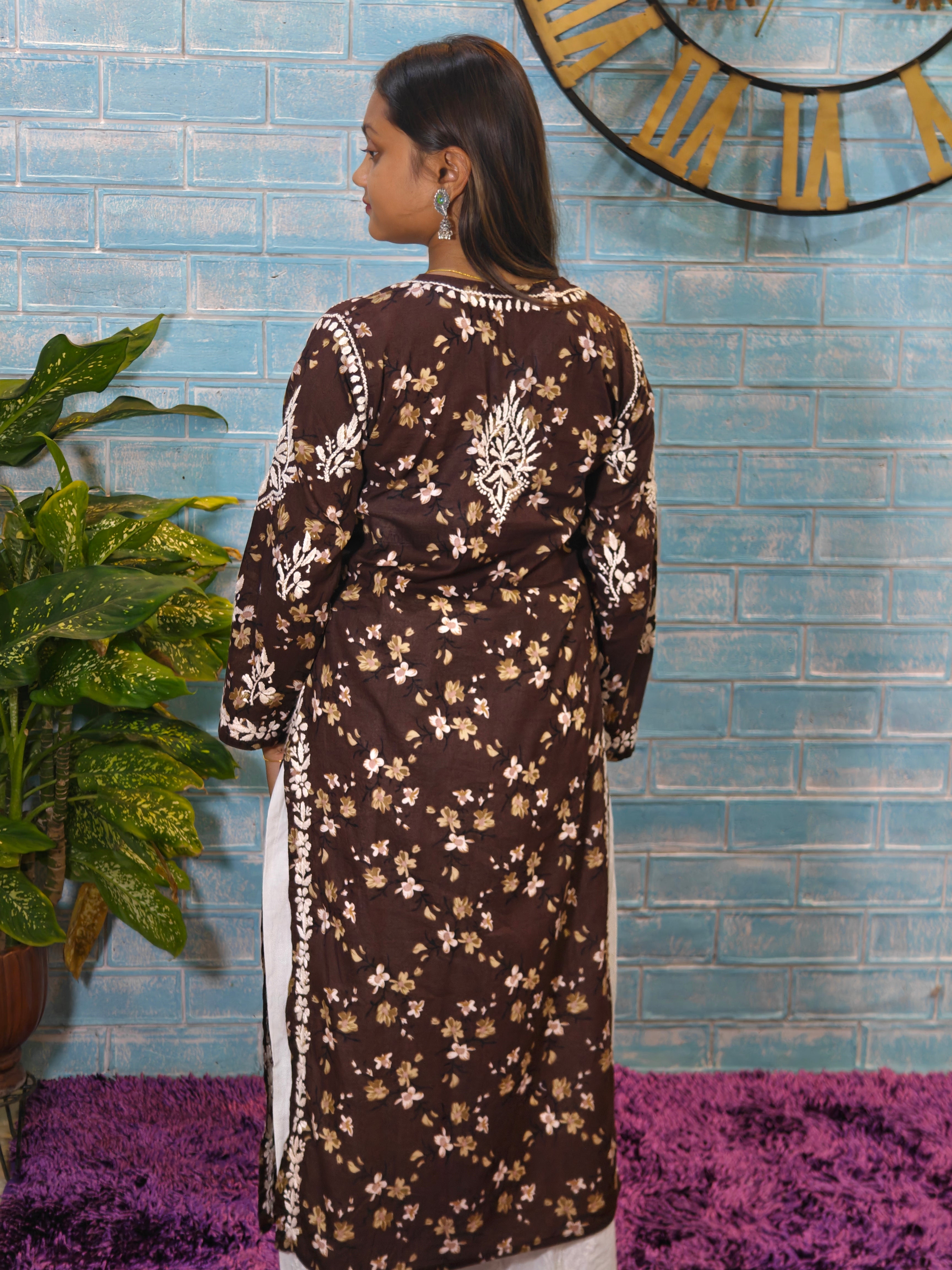 Brown Multicolor Kurti w/ White Chikankari