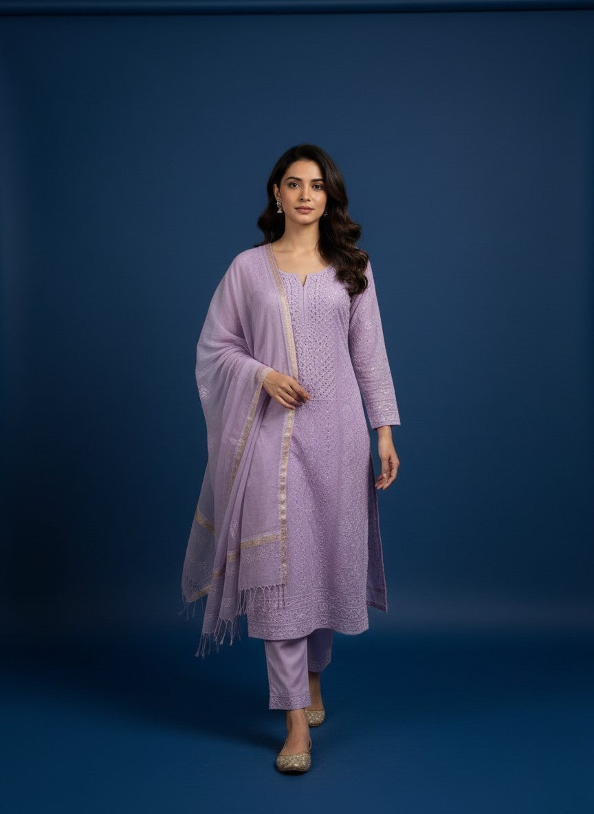 Skon Lavender Georgette Lucknowi Chikankari Unstitched Dress Material