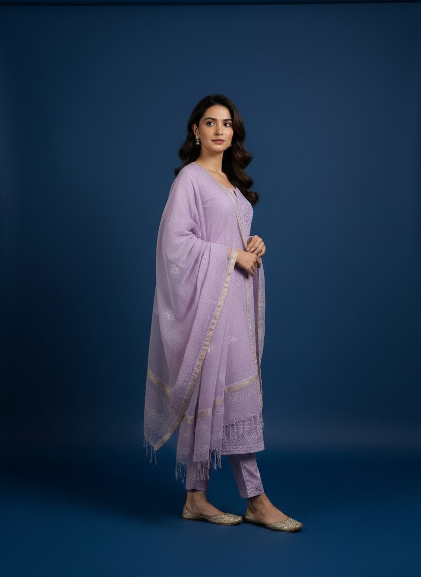 Skon Lavender Georgette Lucknowi Chikankari Unstitched Dress Material