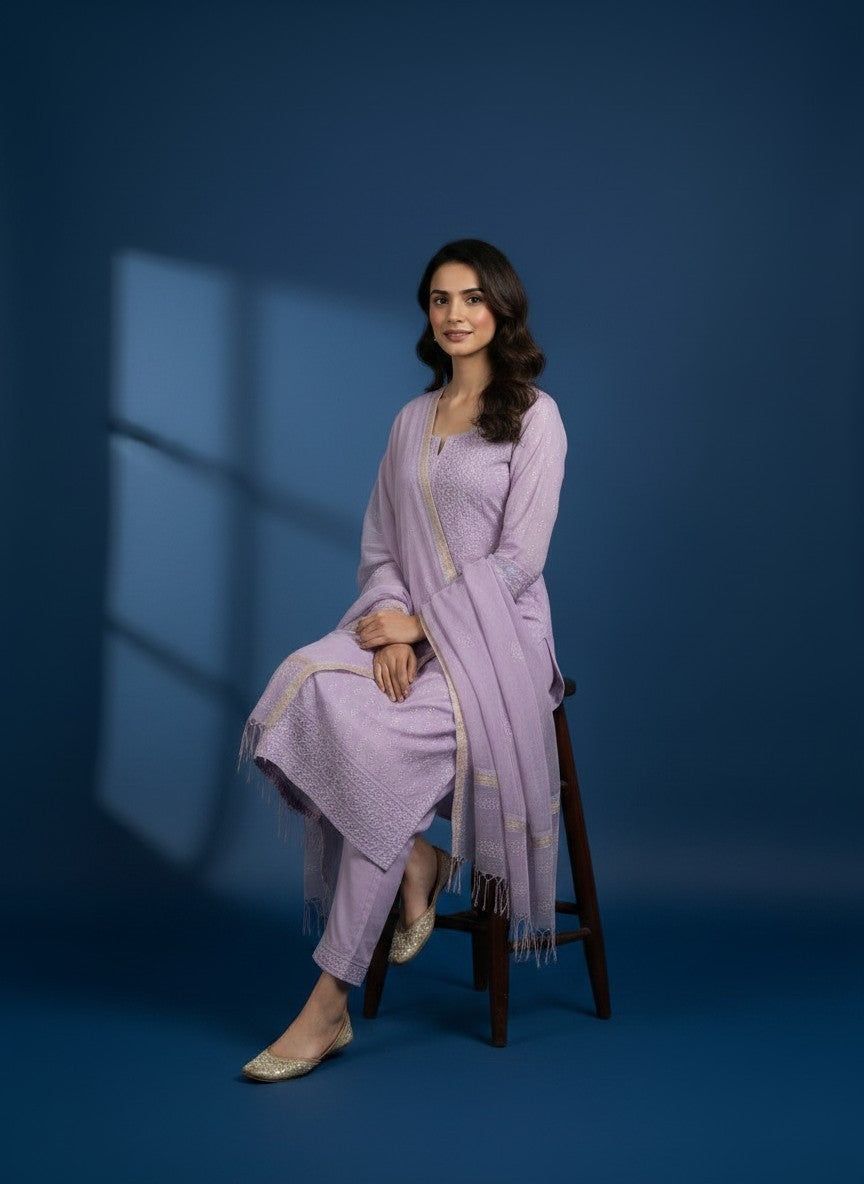 Skon Lavender Georgette Lucknowi Chikankari Unstitched Dress Material