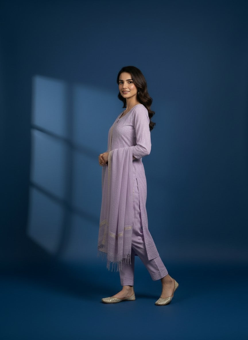 Skon Lavender Georgette Lucknowi Chikankari Unstitched Dress Material