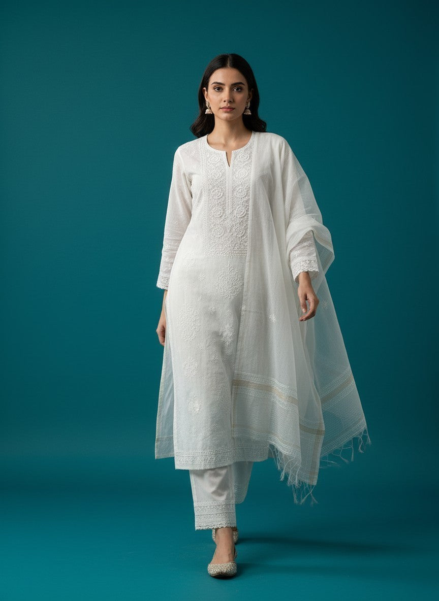Skon White Mul Cotton Lucknowi Chikankari Unstitched Dress Material