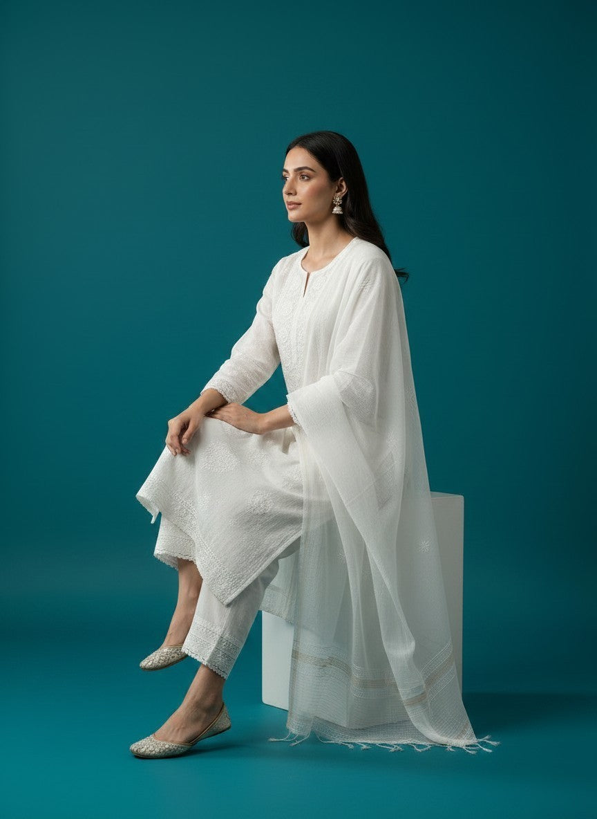 Skon White Mul Cotton Lucknowi Chikankari Unstitched Dress Material