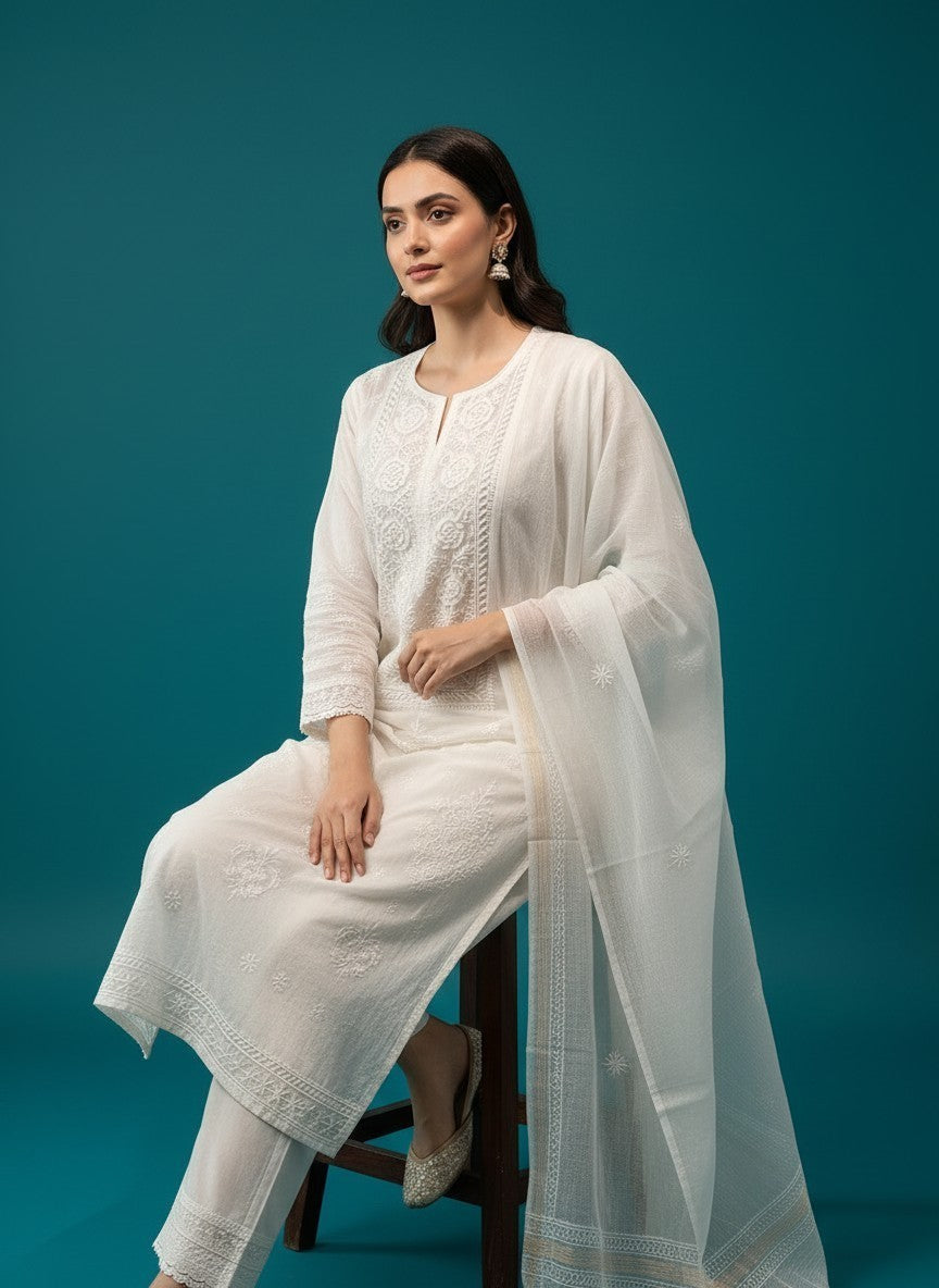 Skon White Mul Cotton Lucknowi Chikankari Unstitched Dress Material