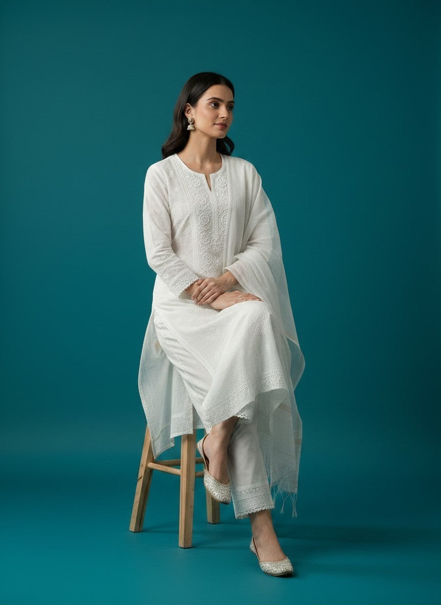 Skon White Mul Cotton Lucknowi Chikankari Unstitched Dress Material