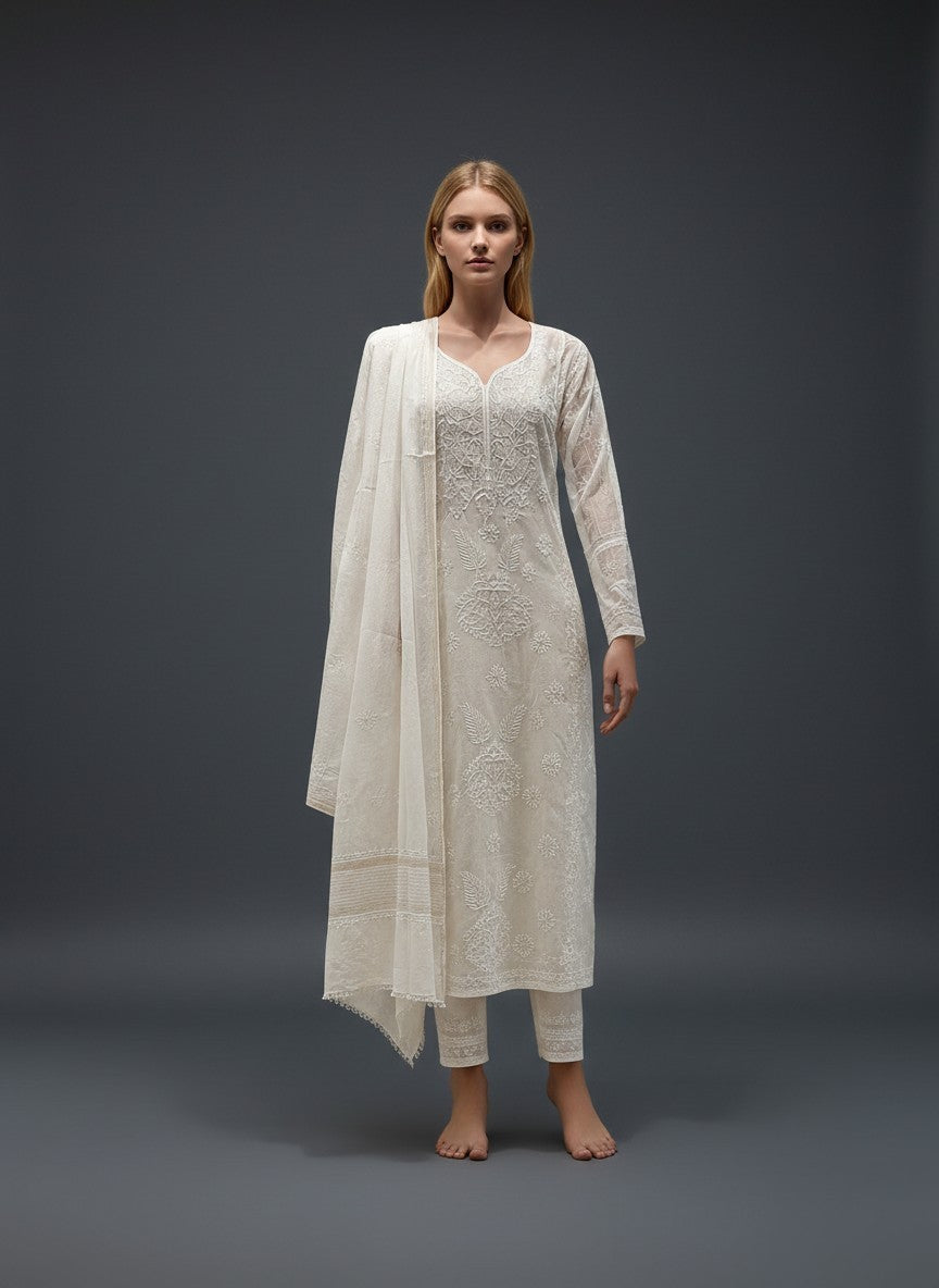 Skon White Mul Cotton Lucknowi Chikankari Unstitched Dress Material V2