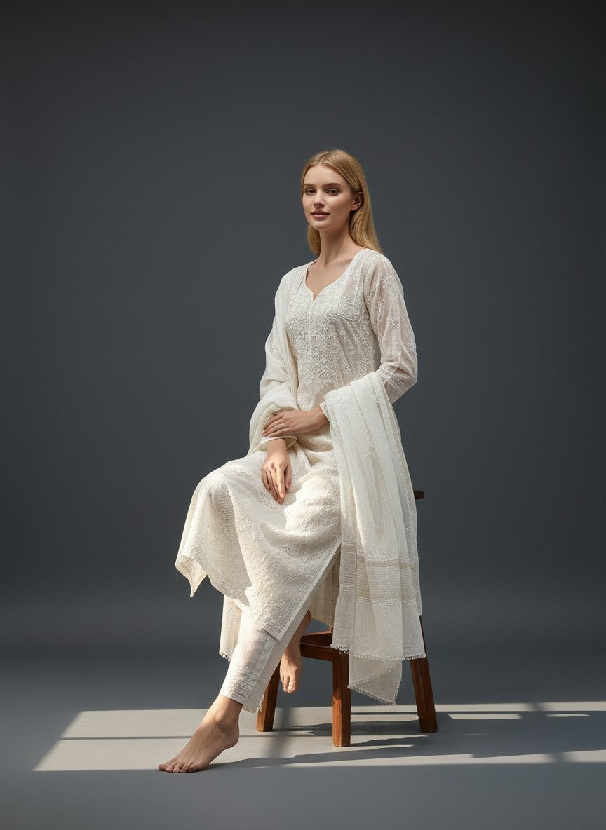 Skon White Mul Cotton Lucknowi Chikankari Unstitched Dress Material V2