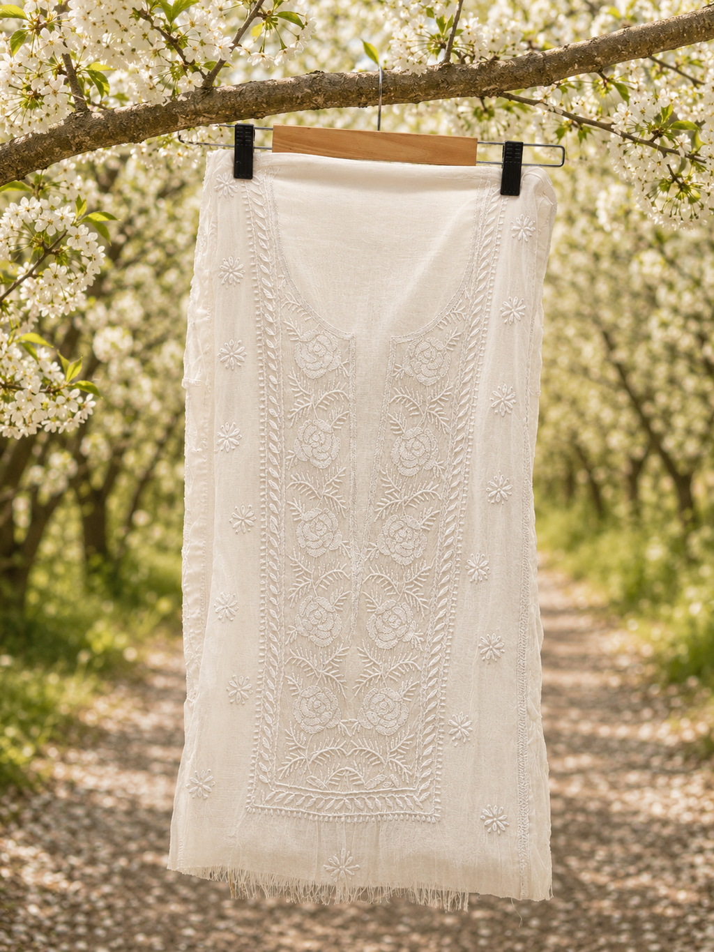 Skon White Mul Cotton Lucknowi Chikankari Unstitched Dress Material